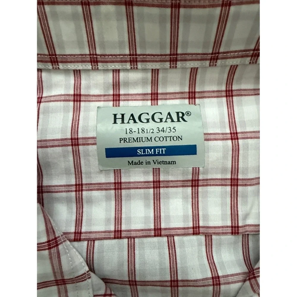 Haggar White Button-Down Shirt with Red Windowpane Plaid‎